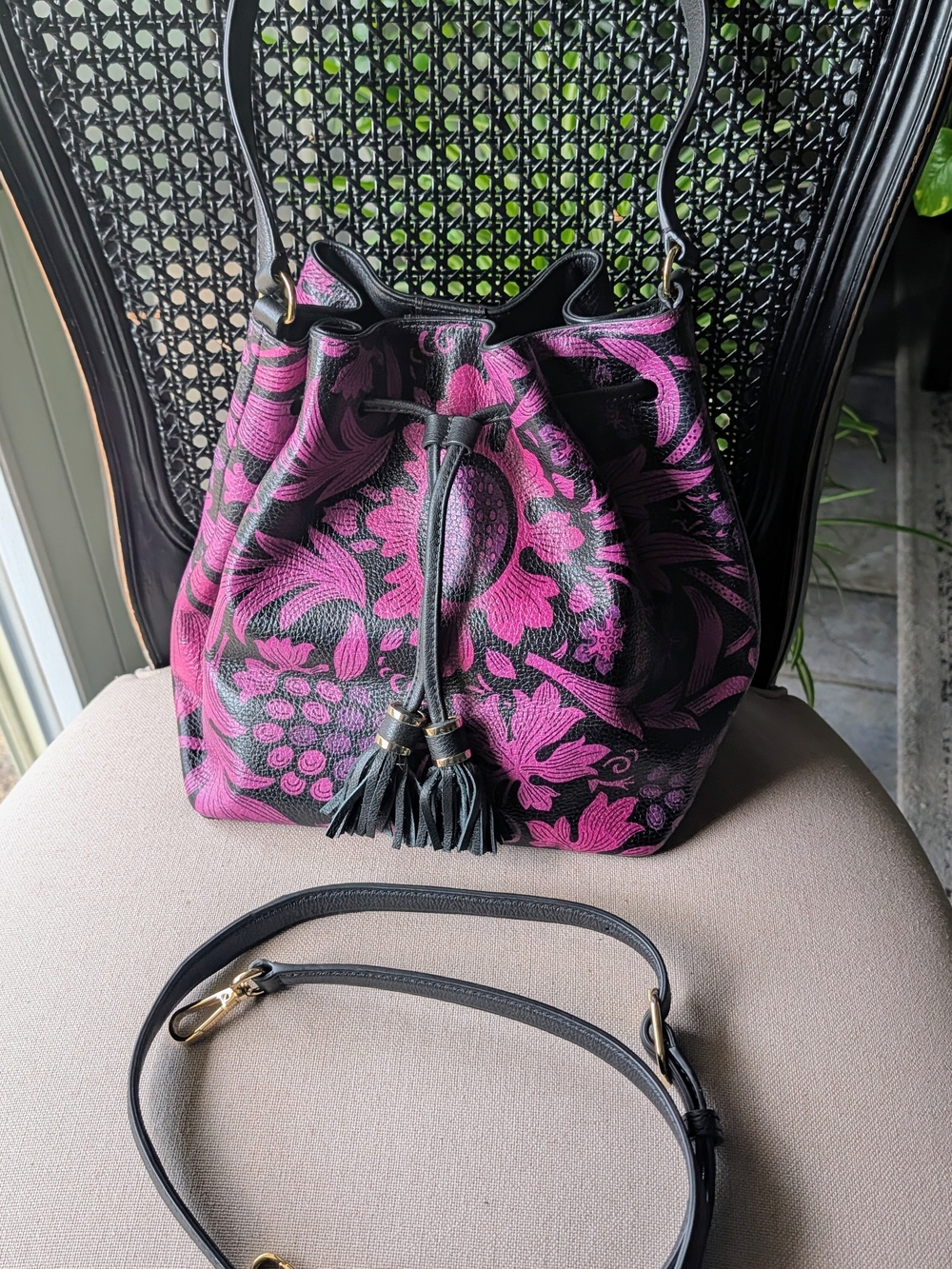 Talbots Black & Fuchsia Floral Drawstring Hobo
